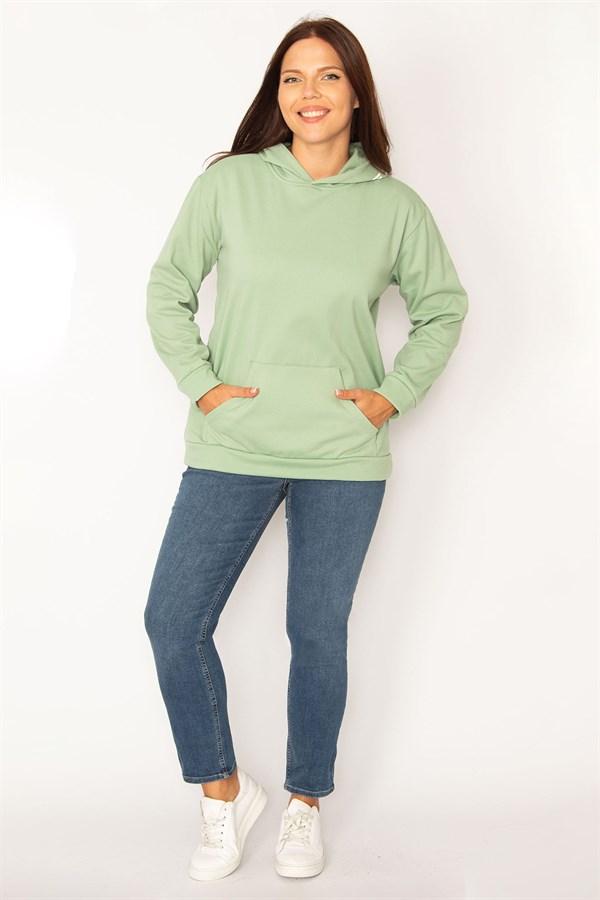 Kadın Yeşil Kapşonlu Kanguru Cepli İçi Şardonlu Sweatshirt 65N34582