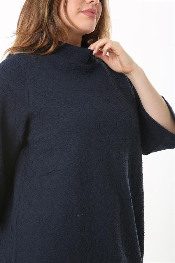 Kadın Büyük Beden Lacivert Dik Yakalı Kendinden Desenli Kapri Kollu Tunik Elbise 65N37518