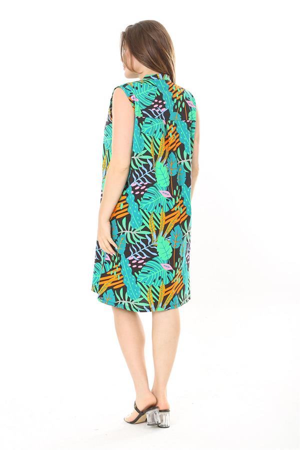 Kadın Büyük Beden Yeşil V Yakalı Desenli Kolsuz Elbise 65N37886