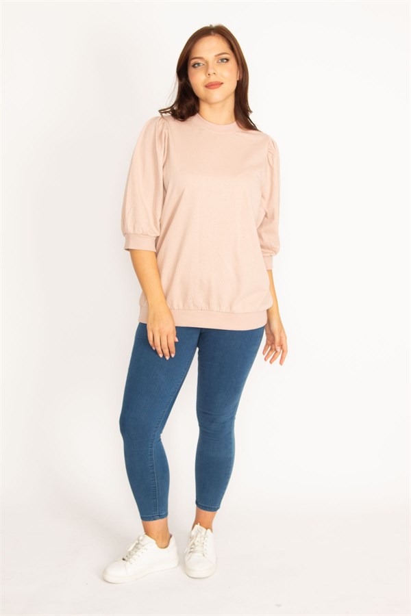 Kadın Pudra Omuz Büzgü Detaylı Kapri Kol Sweatshirt 65N34802