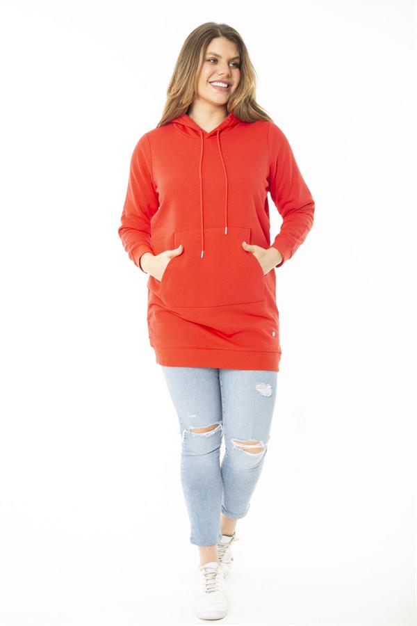 Women's Plus Size Red Double-Thread Hooded Sweatshirt with Raised Inside 65N37160