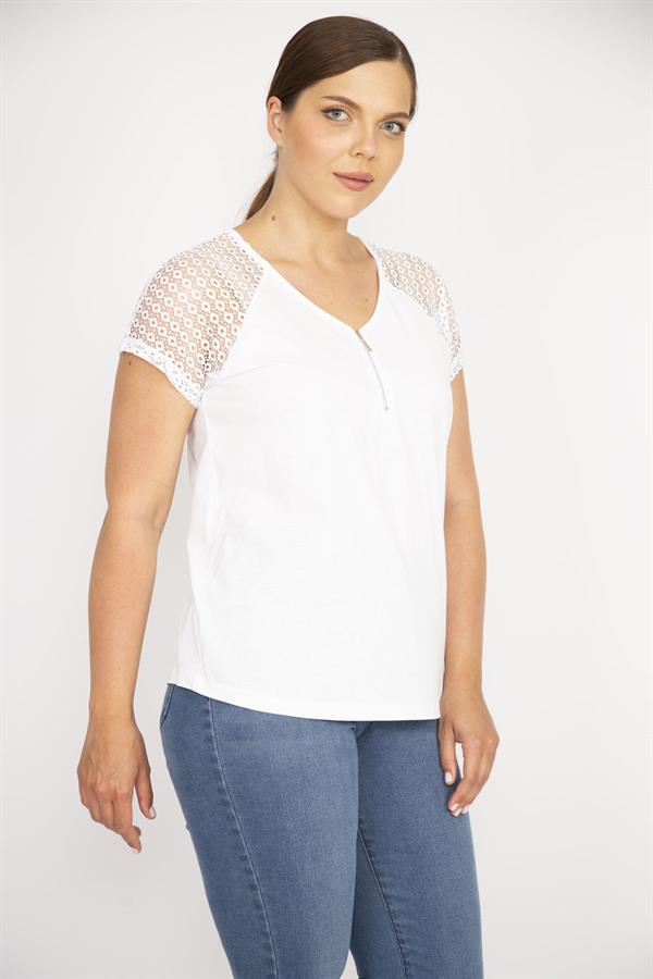 Kadın Beyaz Büyük Beden Pamuklu Kumaş Ön Pat Fermuarlı Kolları Dantel Bluz