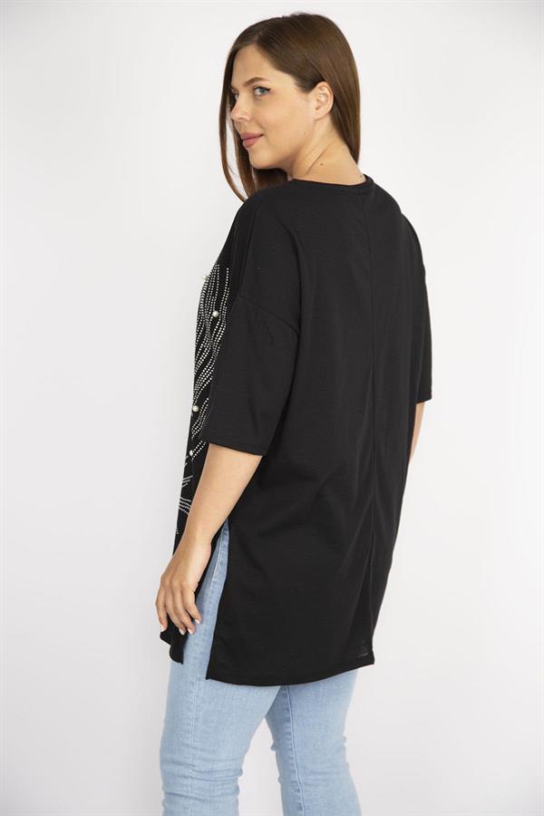 Kadın Büyük Beden Siyah Taş Ve İnci İşli Bisiklet Yakalı Yan Yırtmaçlı Bluz