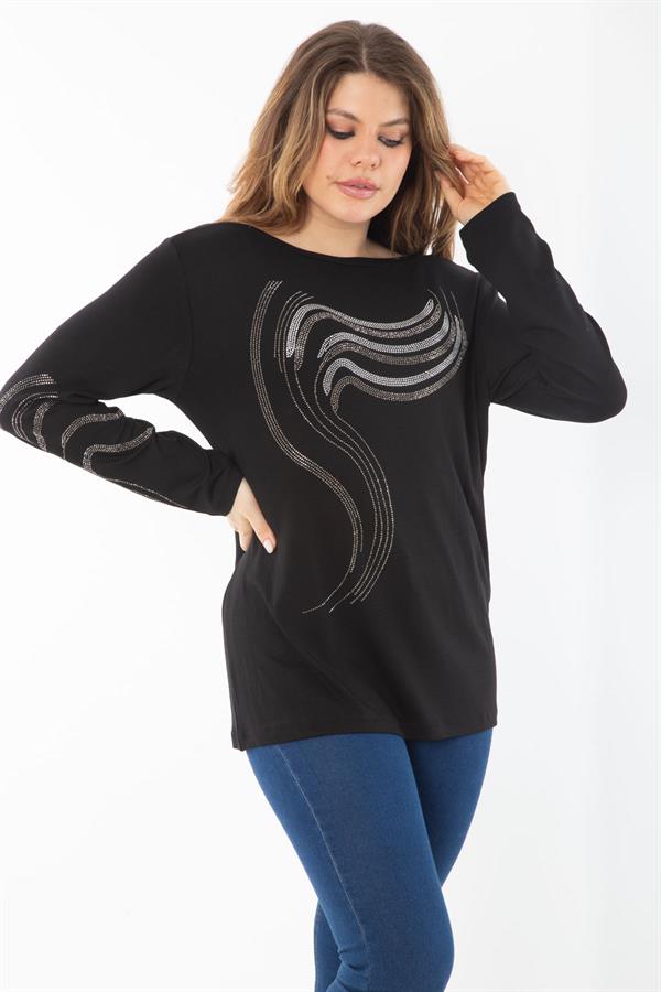 Kadın Büyük Beden Siyah Kol Ve Önü Taş Detaylı Bluz 65N37325
