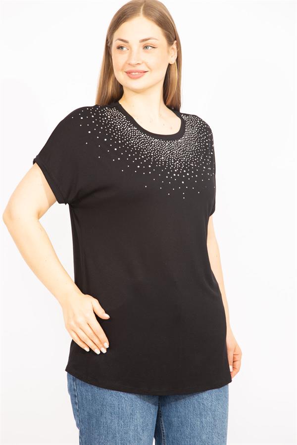Kadın Mürdüm Büyük Beden Taş Detaylı Düşük Kol Bluz 65N35636