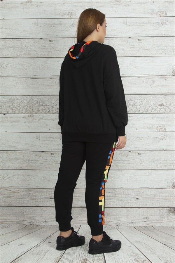 Kadın Saks Kapşonlu Fermuar Ve Baskı Detaylı Kuşgözlü Sweatshirt Pantolon Takım 65N19562