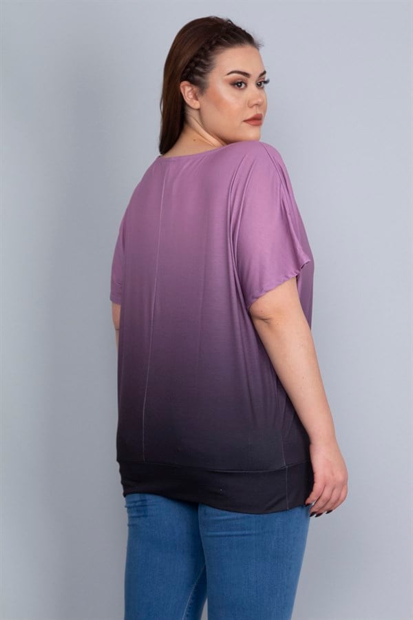 Kadın Lila Batik Desenli Düşük Kol Etek Ucu Bantlı Bluz 65N22754