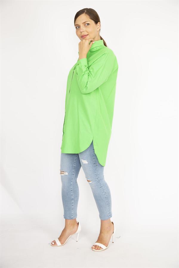 Kadın Büyük Beden Yeşil Ön Düğmeli Uzun Kollu Gömlek 65N37038