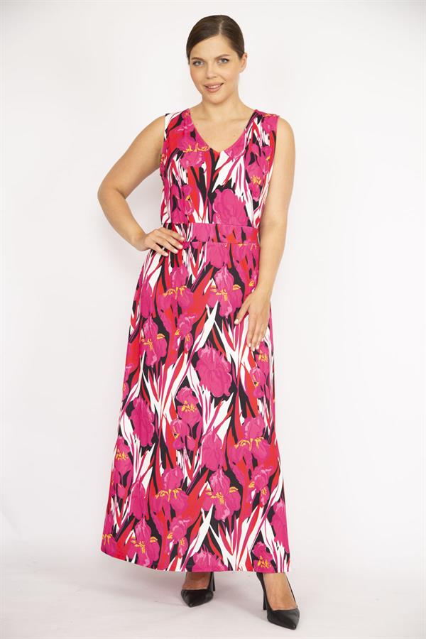 Kadın Büyük Beden Fujya V Yakalı Kolsuz Uzun Elbise