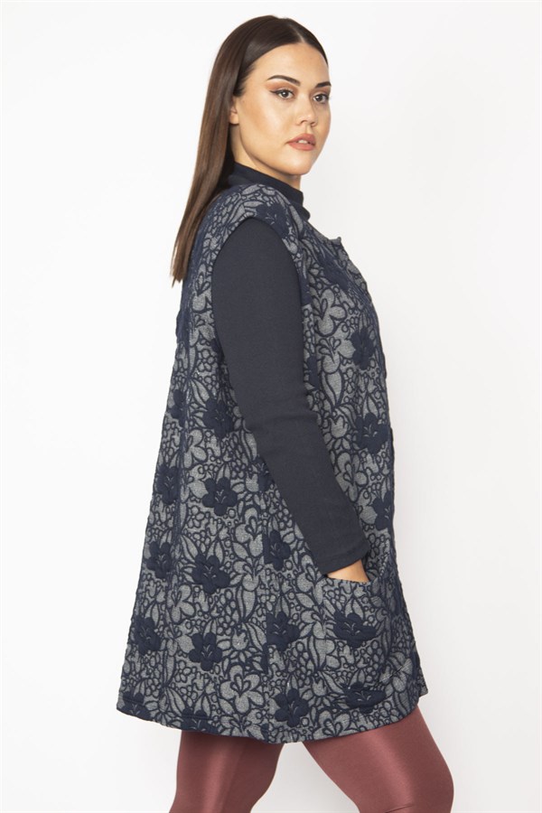 Kadın Lacivert Jakar Desenli Ön Çıtçıt Düğmeli Cepli Yelek 65N29626