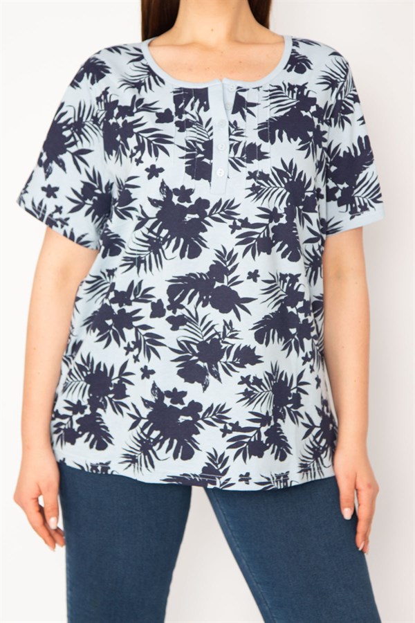 KADIN MAVİ PAMUKLU KUMAŞ NERVÜR DİKİŞLİ PATI DÜĞMELİ BLUZ