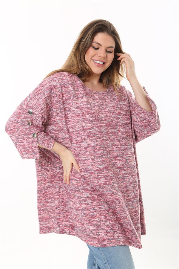 Kadın Büyük Beden Yeşil Kolları Süs Metal Düğmeli Kırçıllı Kalın Tunik 65N37403