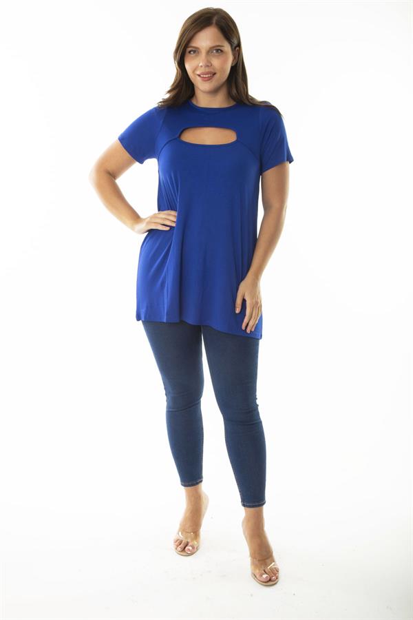 Kadın Büyük Beden Saks Göğüs Detaylı Bluz 65N36925