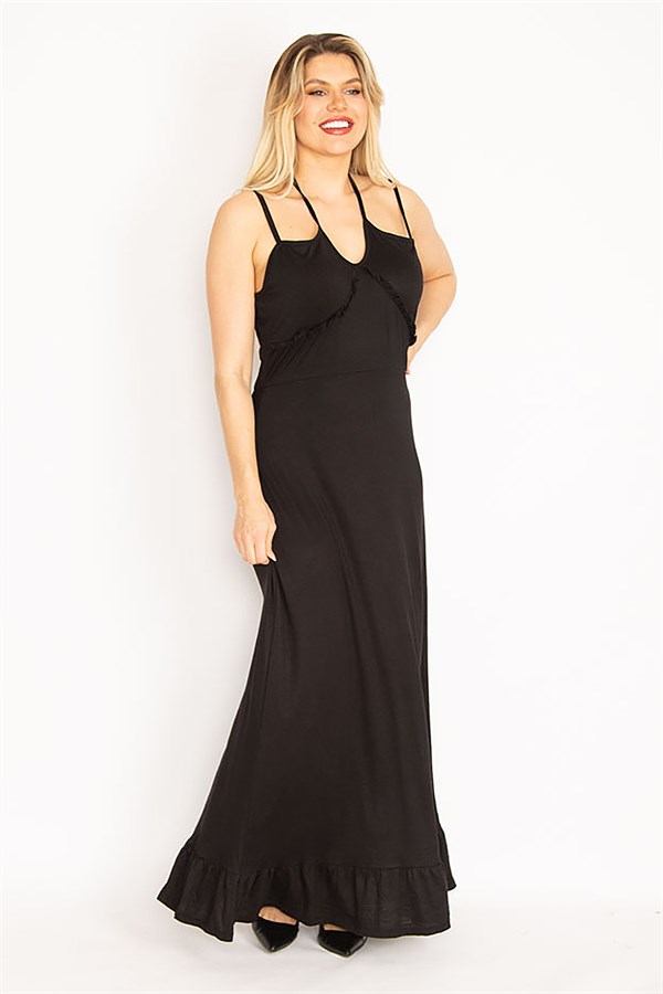 Kadın Siyah Askı Ve Yakası Fırfır Detaylı Etek Ucu Katlı Uzun Elbise 65N35236