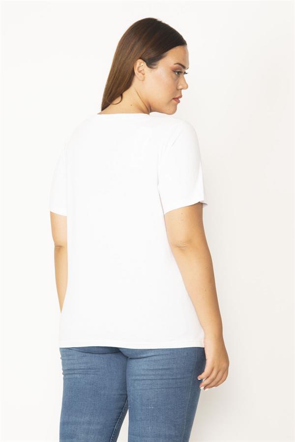 Kadın Beyaz Büyük Beden Pamuklu Kumaş Ön Baskılı Bluz