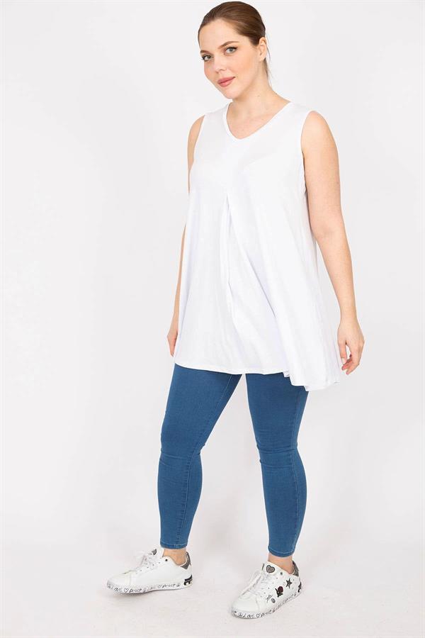 Kadın Beyaz Büyük Beden Önü A Pileli V Yakalı Uzun Bluz