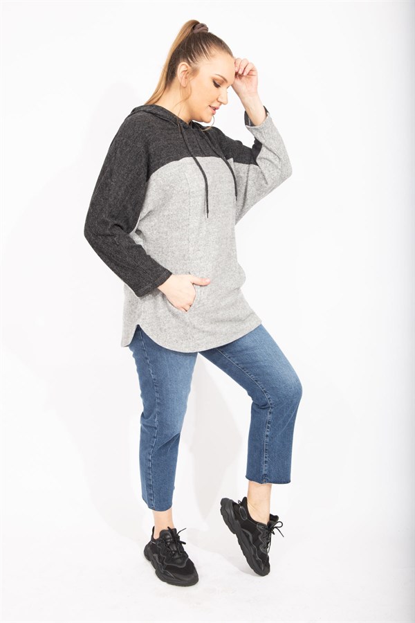 Kadın Gri Rahat Kesim Yumoş Kumaş Kapşonlu Cepli Sweatshirt 65N35488