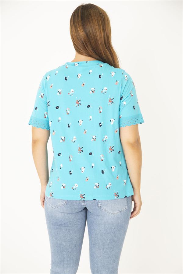 Kadın Lacivert Büyük Beden Pamuk Kumaş Yaka Ve Kolları Dantel Detaylı Bluz