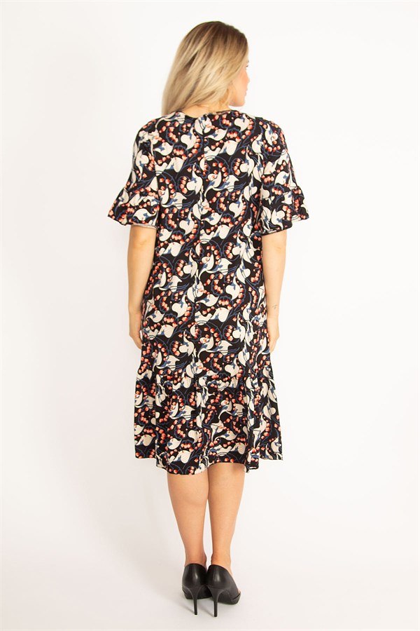 Kadın Renkli Volan Kollu Etek Ucu Katlı Elbise 65N34446