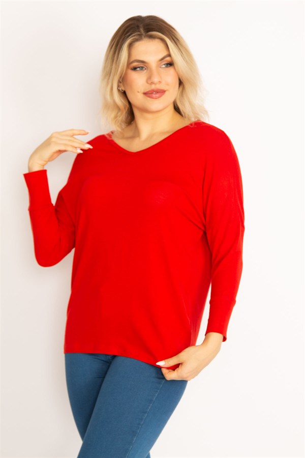 Kadın Kırmızı V Yakalı Yarasa Kol Bluz 65N34684