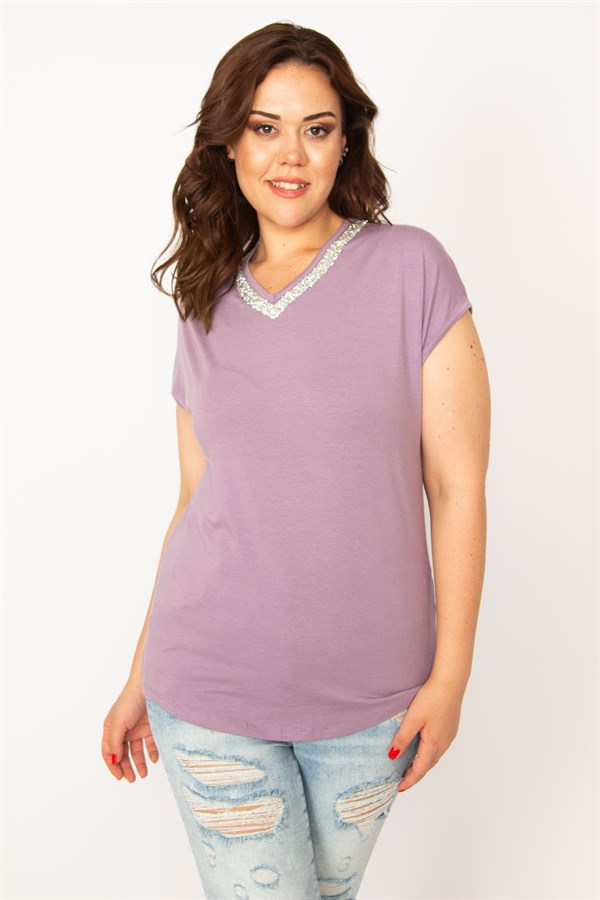 Kadın Lila Yakası Dökme Taş Viskon Bluz 65N33546