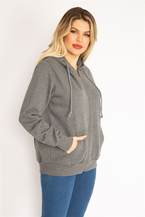 Kadın Gri Sırtı Çift Fermuar Ve Çıtçıt Düğme Ve Ön Fermuarlı İçi Şardonlu Sweatshirt 65N35069