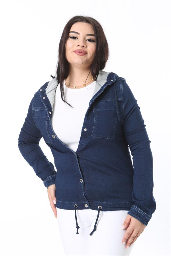 Women's Plus Size Navy Blue Snap Button Hooded Denim Coat 65N38380