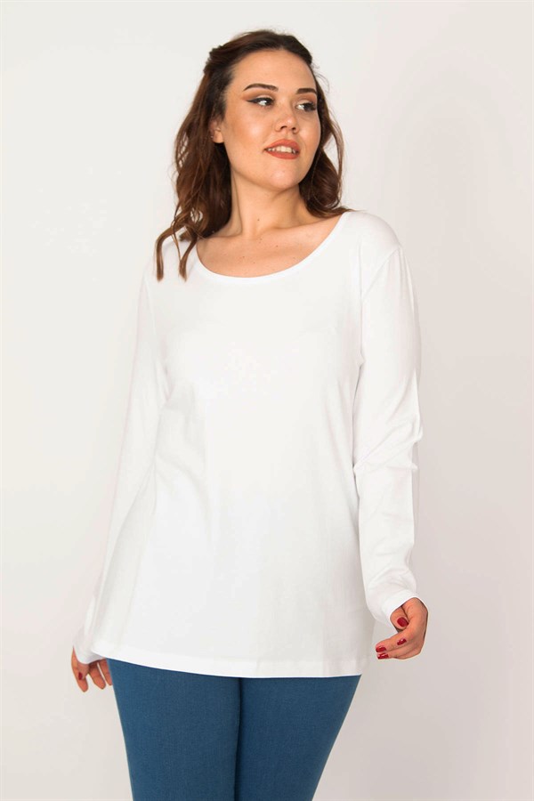 Kadın Beyaz Pamuklu Kumaş Bisiklet Yaka Uzun Kollu Bluz 65N33424