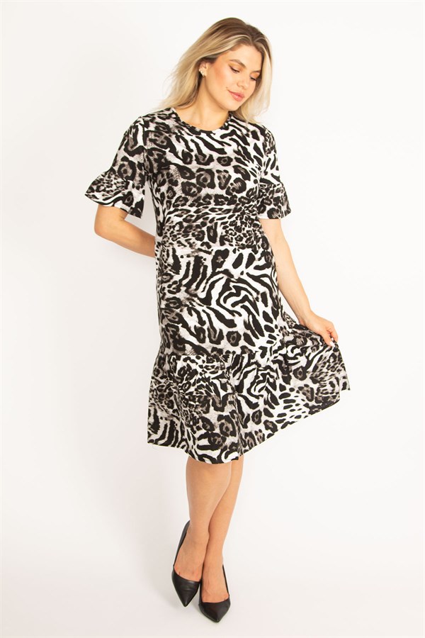 Kadın Leo Volan Kollu Etek Ucu Katlı Elbise 65N34447