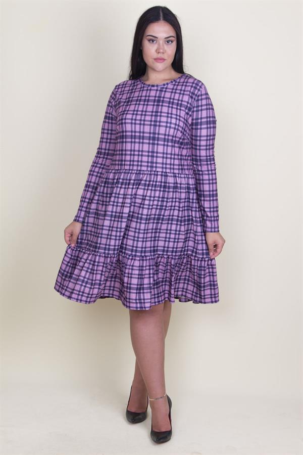 Kadın Lila Ekose Desenli Bel Kısmı Lastikli Etek Ucu Volanlı Elbise 65N18211