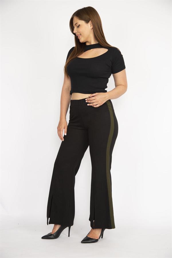 Kadın Siyah Büyük Beden Yırtmaç Detaylı Geniş Paçalı Yan Şeritli Eşofman Alt