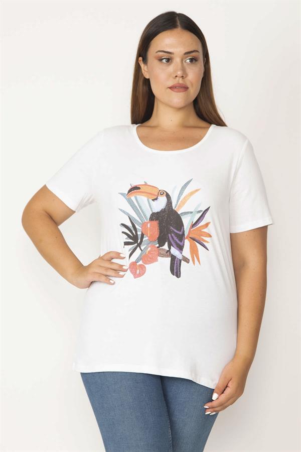 Kadın Büyük Beden Kemik Pamuklu Kumaş Ön Baskılı Kısa Kollu Bluz 65N36781