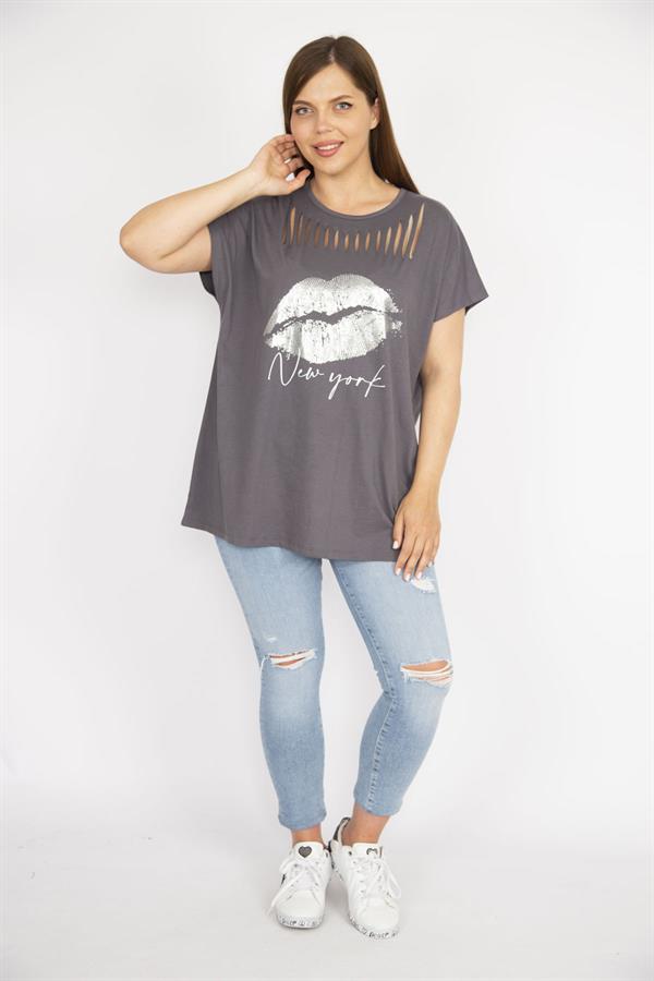 Kadın Füme Büyük Beden Lazer Kesim Ve Lak Baskı Detaylı Düşük Kollu Rahat Kesim Bluz