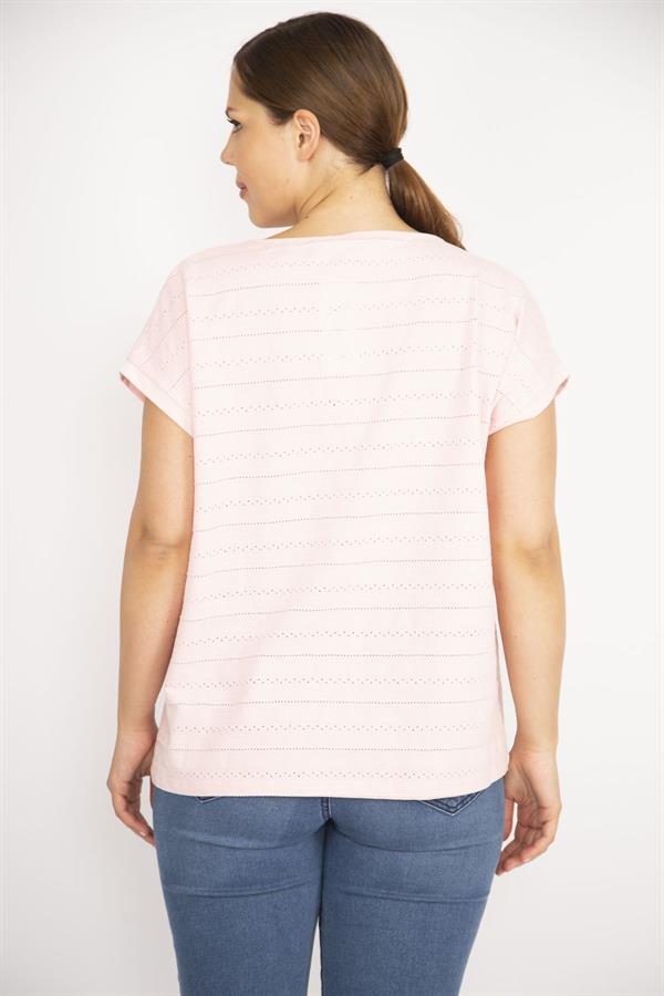 Kadın Pembe Büyük Beden Pamuk Kumaş Kendinden Desenli Düşük Kol Bluz
