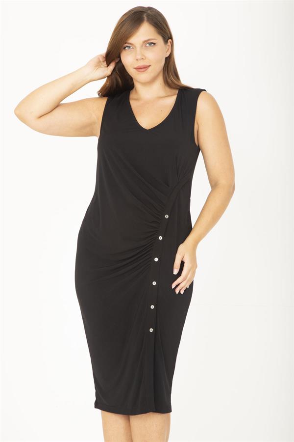 Kadın Büyük Beden Siyah V Yakalı Önü Küçük Metal Düğmeli Elbise 65N36850