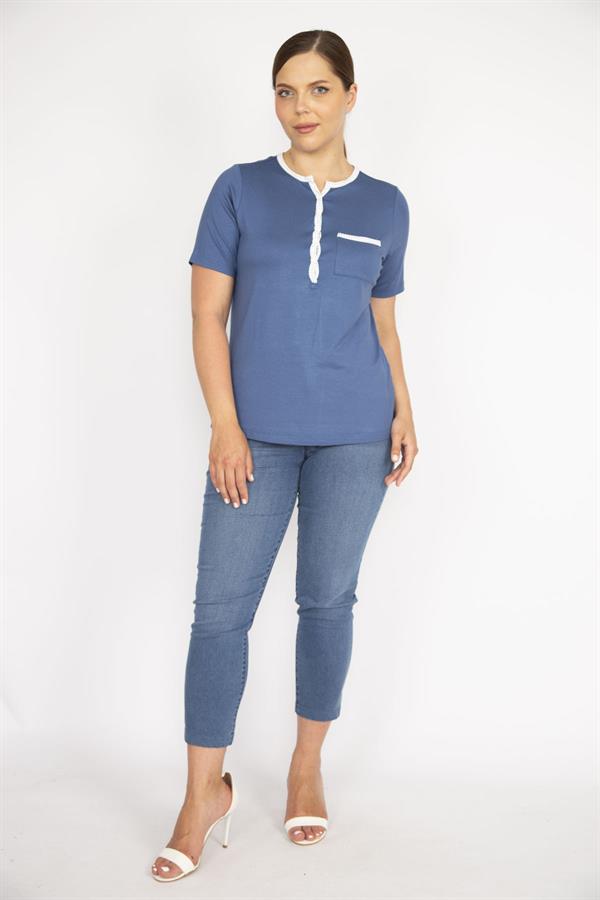Kadın Mavi Büyük Beden Ön Pat Düğmeli Peto Cepli Kısa Kol Bluz