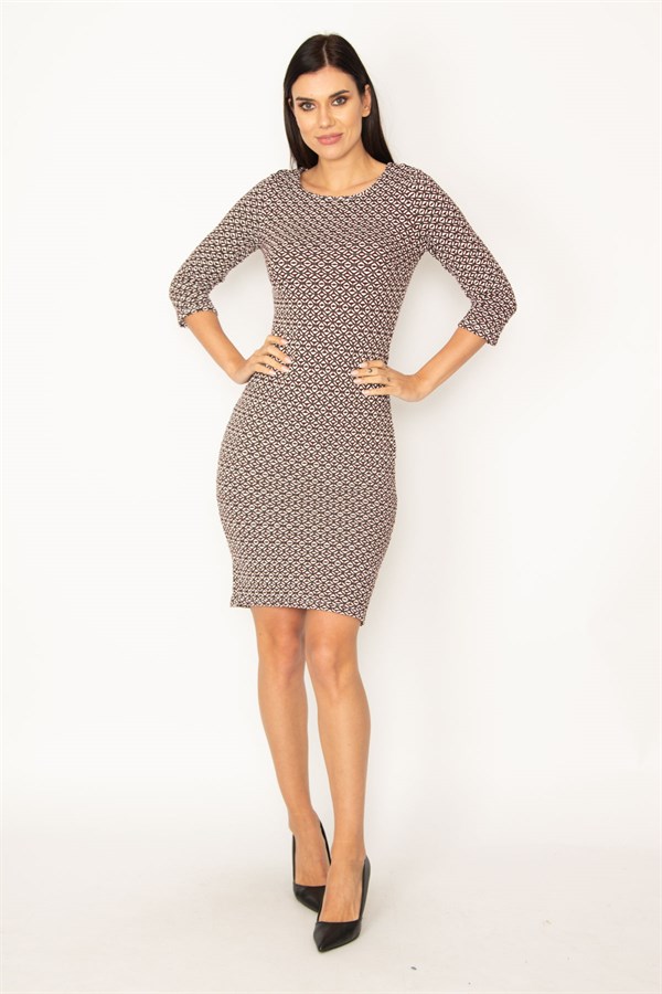 ROBE À MANCHES CABAS EN TISSU LYCRA JACQUARD MARRON POUR FEMME