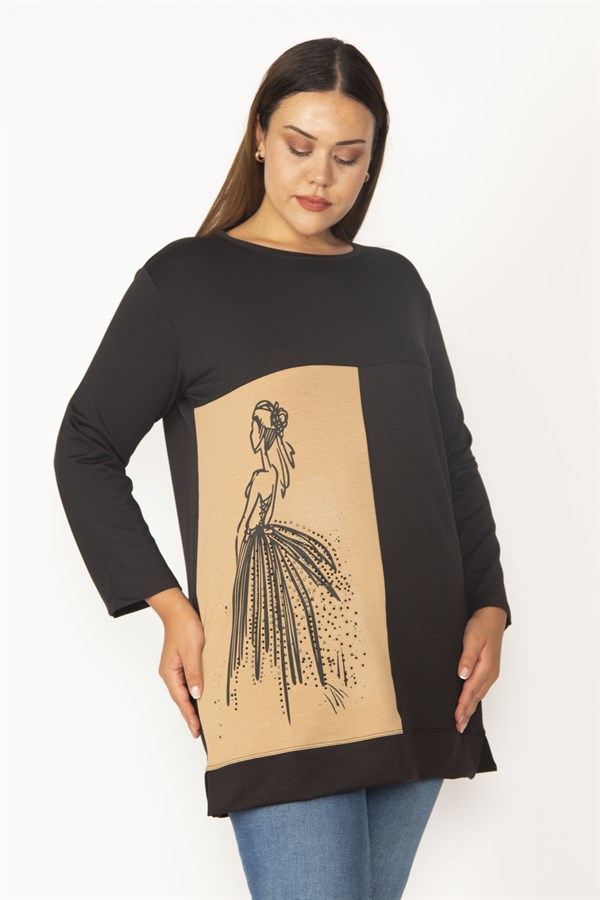 Kadın Camel Baskı Ve Taş Detaylı Renk Kombinli Sweatshirt 65N28012