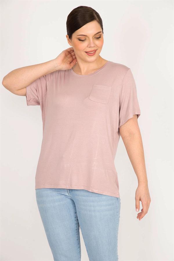 Kadın Pudra Büyük Beden Bisiklet Yaka Peto Cepli Bluz