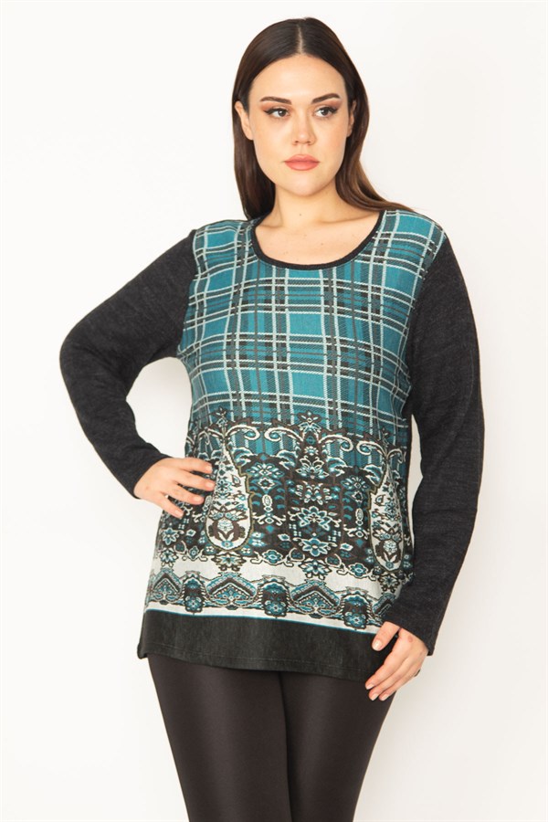 Kadın Yeşil Bisiklet Yakalı Ön Desenli Tunik 65N31342