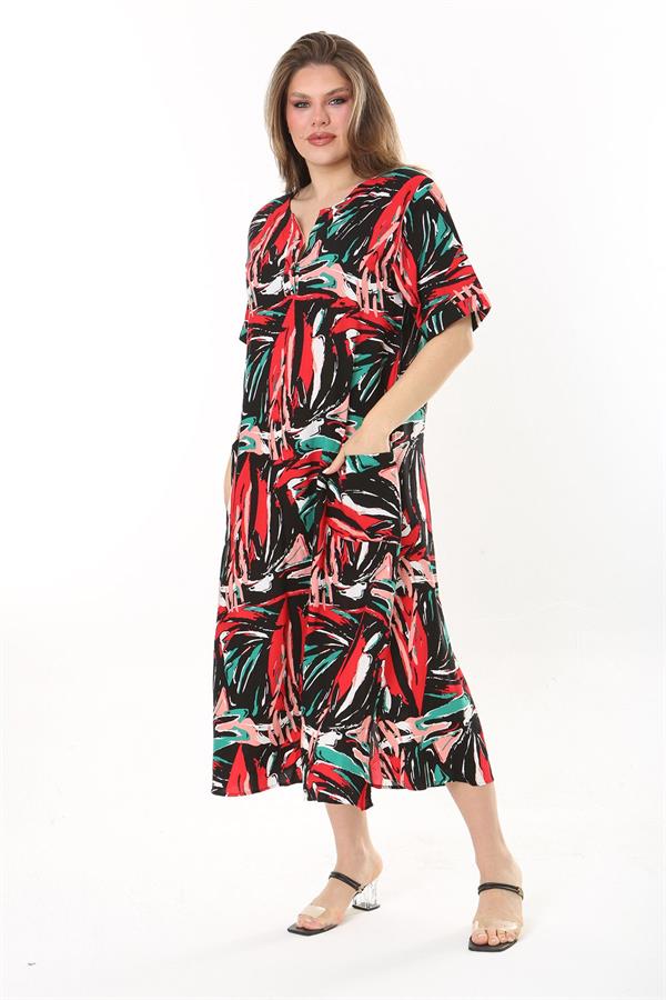 Kadın Büyük Beden Siyah Dokuma Viskon Kumaş Ön Pat Düğmeli Uzun Elbise 65N37861