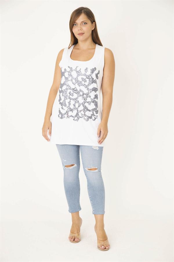 Kadın Büyük Beden Beyaz Payet Detaylı Uzun Kolsuz Bluz 65N36931