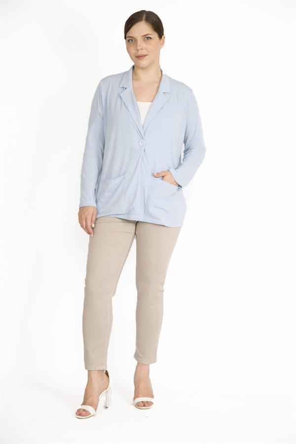 Kadın Mavi Tek Düğmeli Astarsız Cepli Hırka