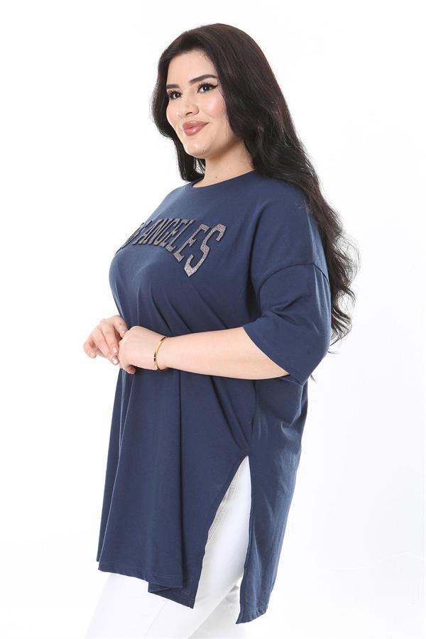 Kadın Büyük Beden Lacivert Sim Detaylı Bisiklet Yaka Yan Yırtmaçlı Kısa Kollu Bluz