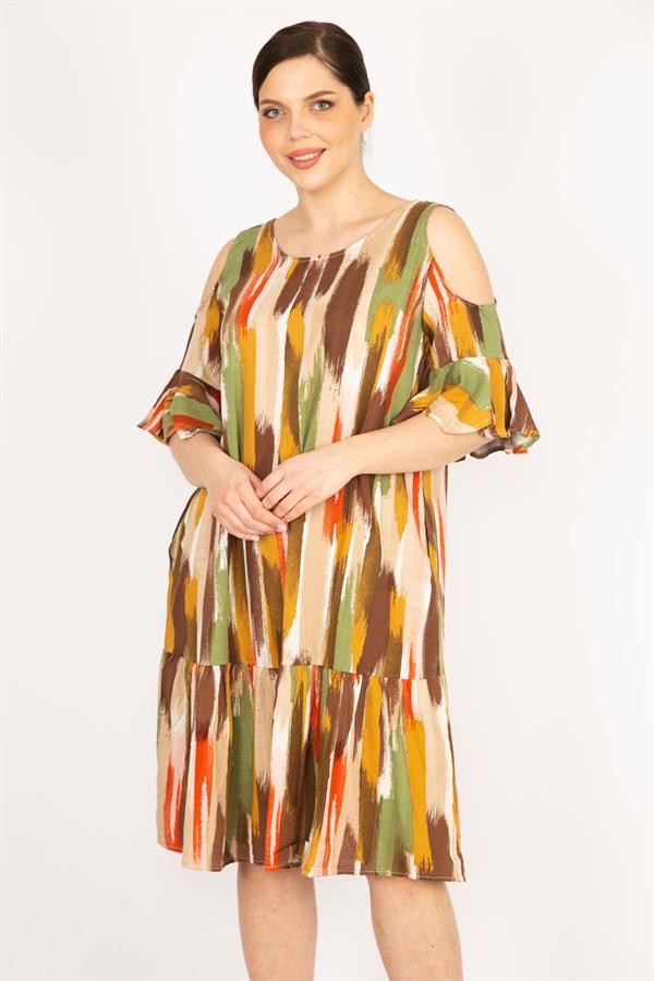 Kadın Fujya Büyük Beden Omuz Dekolteli Dokuma Viskon Kumaş Yan Cepli Elbise