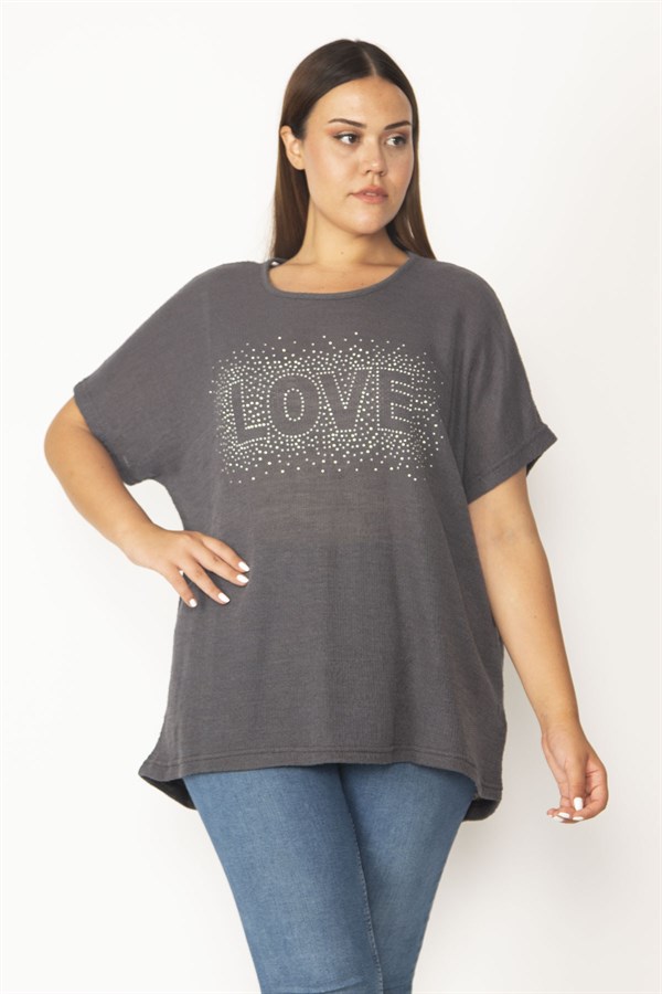 Kadın Füme Taş Detaylı Buklet Dokuma Düşük Kol Salaş Bluz 65N30103