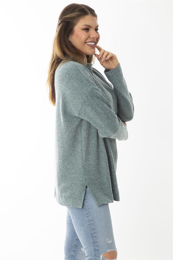 Kadın Büyük Beden Yeşil Yün Viskon Kumaş Sıfır Yakalı Yan Yırtmaçlı Tunik 65N37019