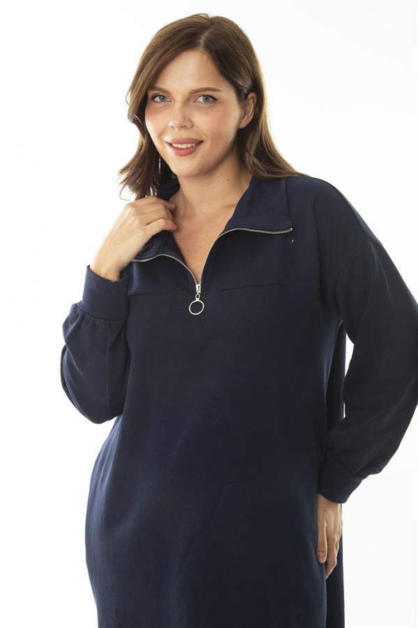 Kadın Büyük Beden Lacivert Ön Pat Fermuarlı Dik Yakalı Sweatshirt Elbise 65N36968