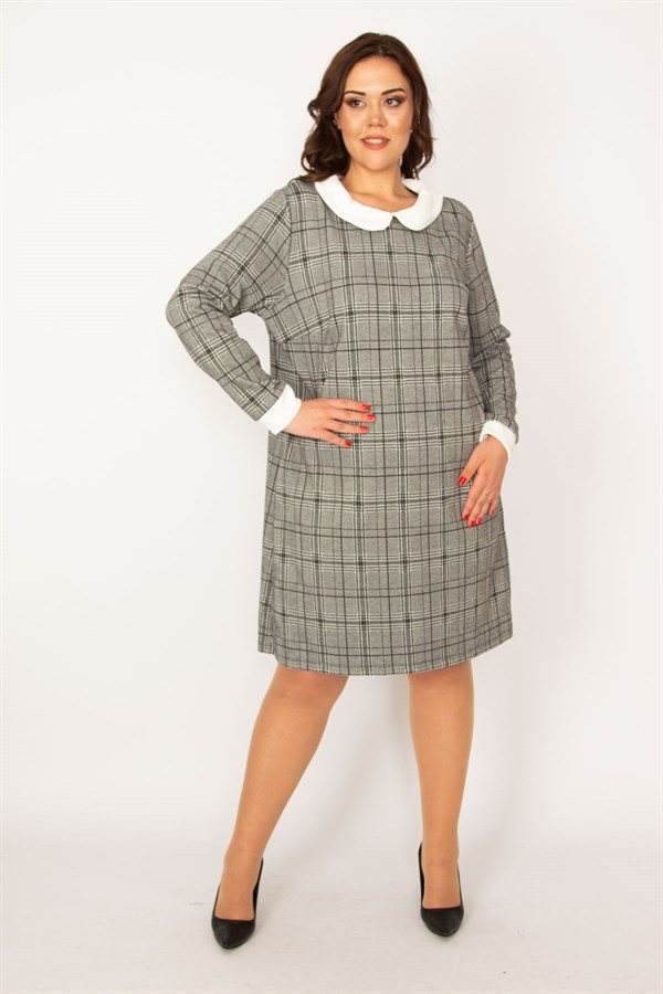 KADIN GRİ BEBE YAKA EKOSE DESENLİ ELBİSE