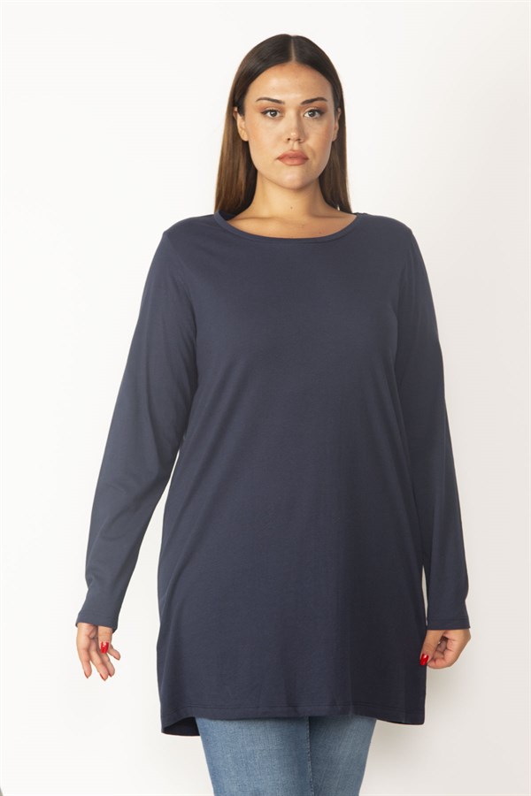 Kadın Lacivert Pamuklu Kumaş Bisiklet Yakalı Uzun Kollu Tunik 65N29895